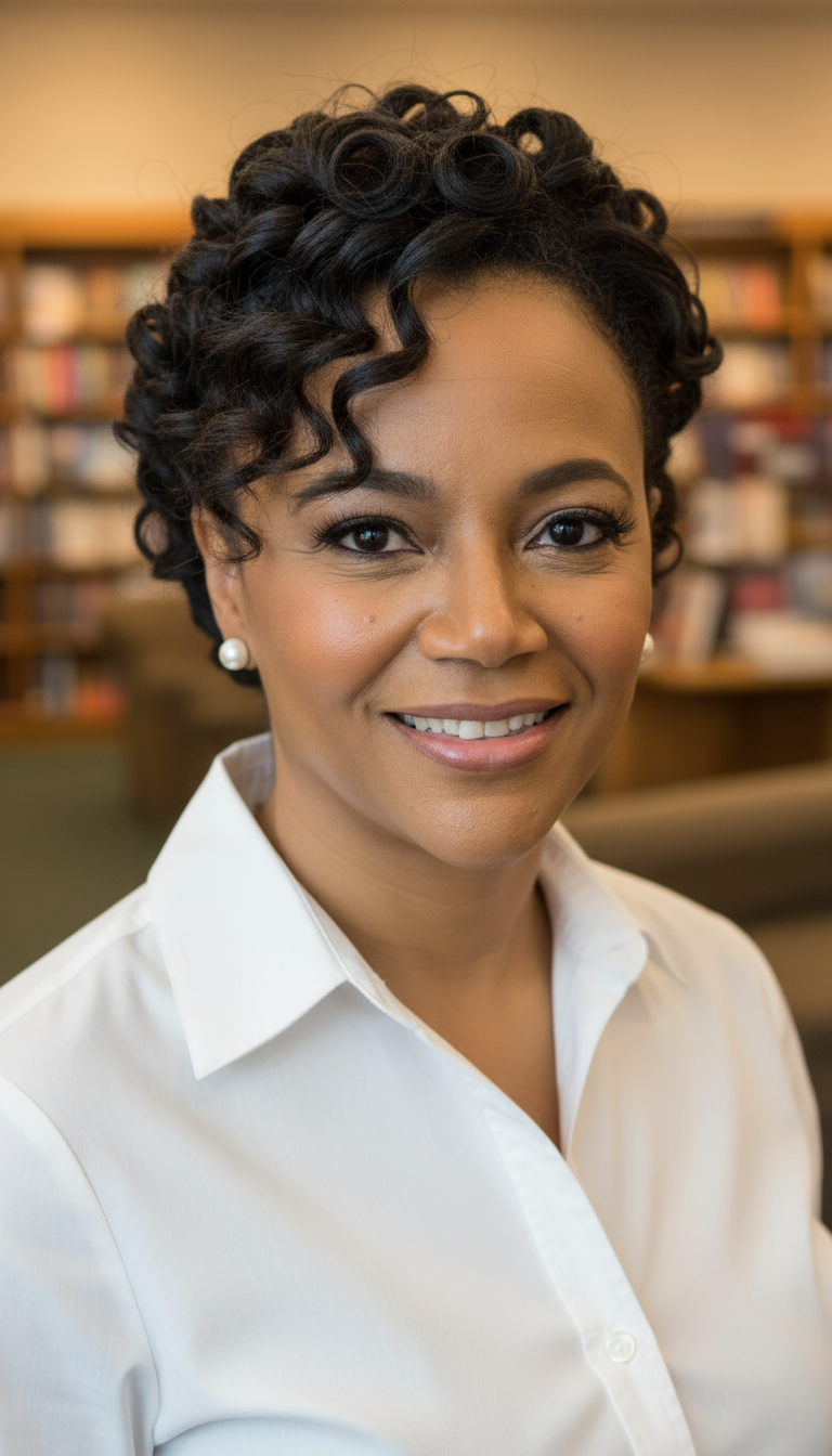Founder in button down shirt with pearl earrings