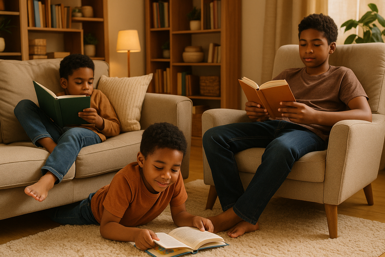 Three African American boys relaxing at home while reading books